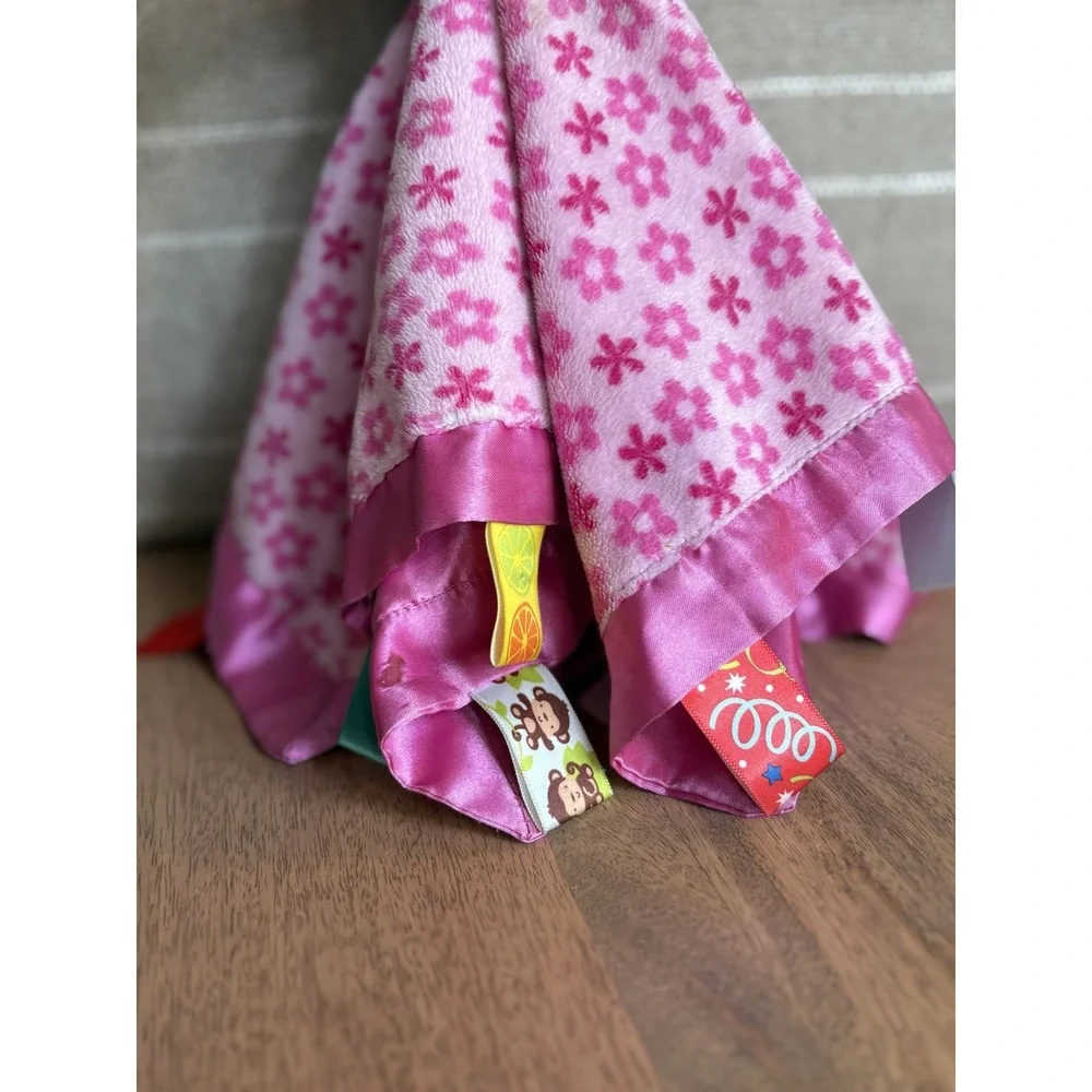 Taggies Pink Floral Teddy Bear Baby Security Blanket Satin Ribbon Loops Plush